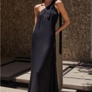 Anthropologie One-Shoulder Black Satin Tie-Gown
